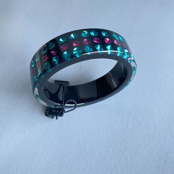 FAC Black Resin Teal Fuchsia Crystal Inlayed Bracelet - Picture 2 of 6